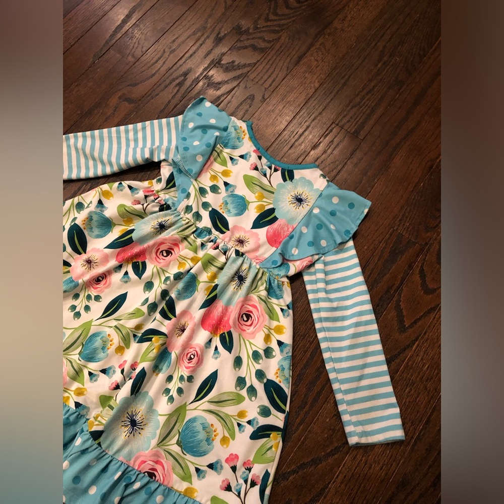 Millie Loves Lily Girls 4 Blue/Pink Floral Striped Long-Sleeved Ruffled Dress - Picture 10 of 10
